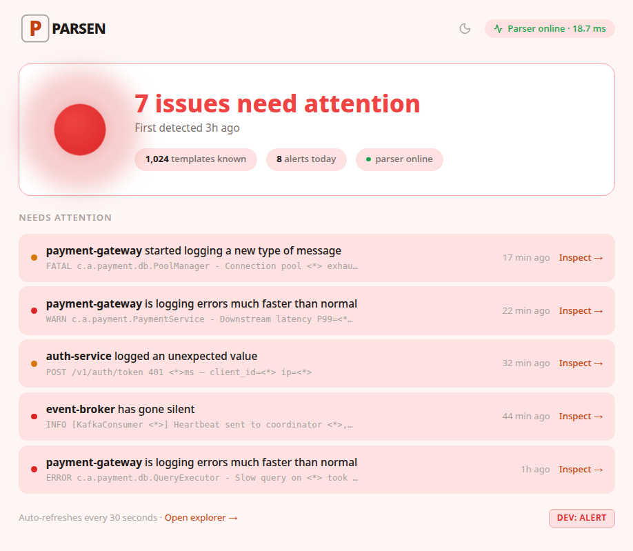PARSEN alerts view showing seven issues that need attention and a list of recent incidents to inspect.