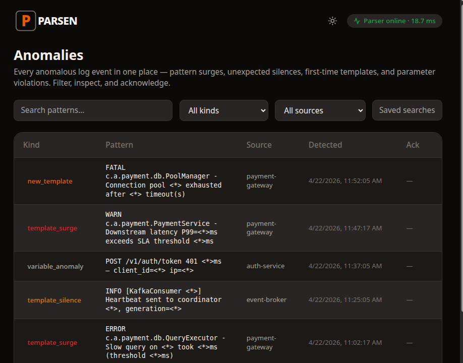 PARSEN sources screen showing a streaming source, accepted lines, and next steps for opening insights or anomalies.